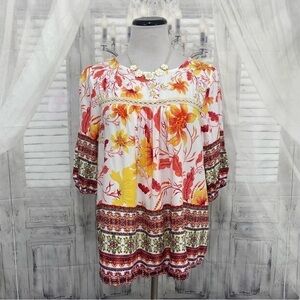 Figueroa &  Flower Petite Medium Floral yellow Red Boho Boxy Blouse Puff Sleeve